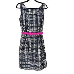 Eliza J 12 Navy Blue Cream Pink Windowpane Fit and Flare Belted Dress Pockets
